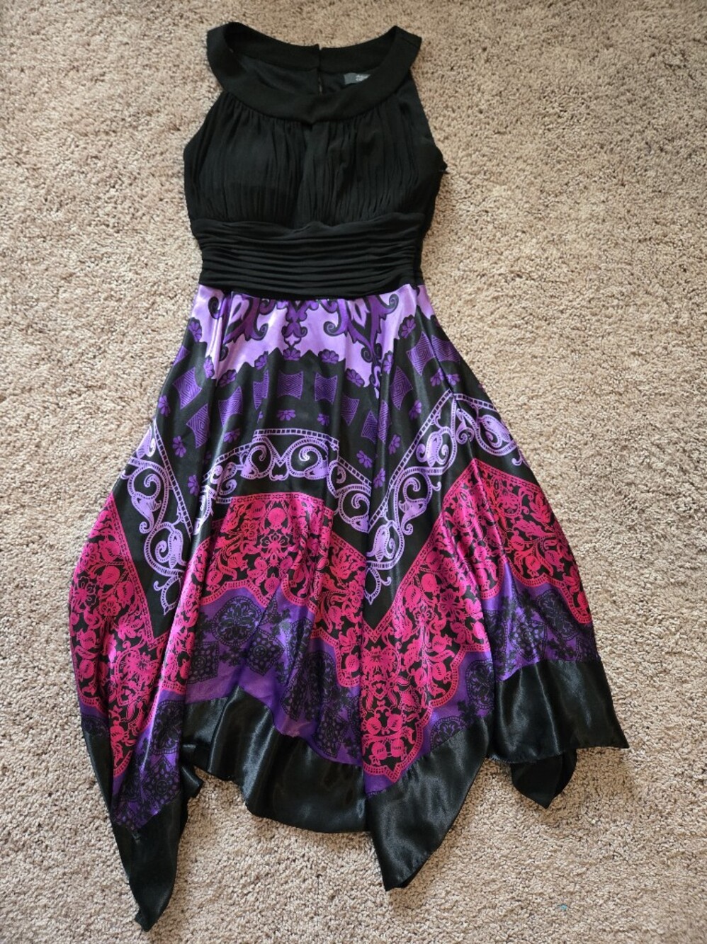 Dressbarn Black Halter Top Pink & Purple Patterned Fit-and-Flare Dress